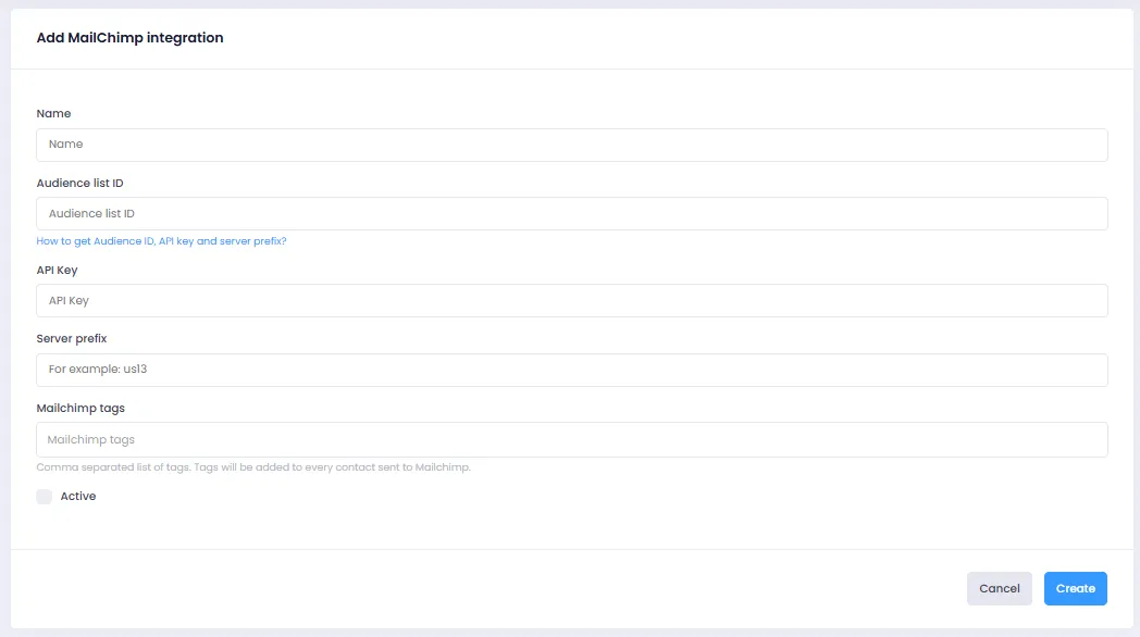 The data fields required to complete the integration
